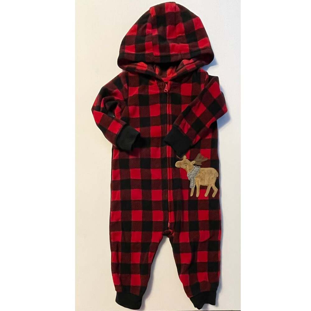 Carter's Baby Boy Buffalo Check Fleece Hooded Jumpsuit with Moose Applique